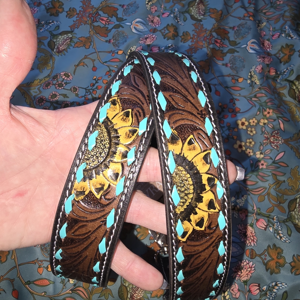 Floral Embossed Leather Purse Strap with Turquoise Accents  50" Long.
